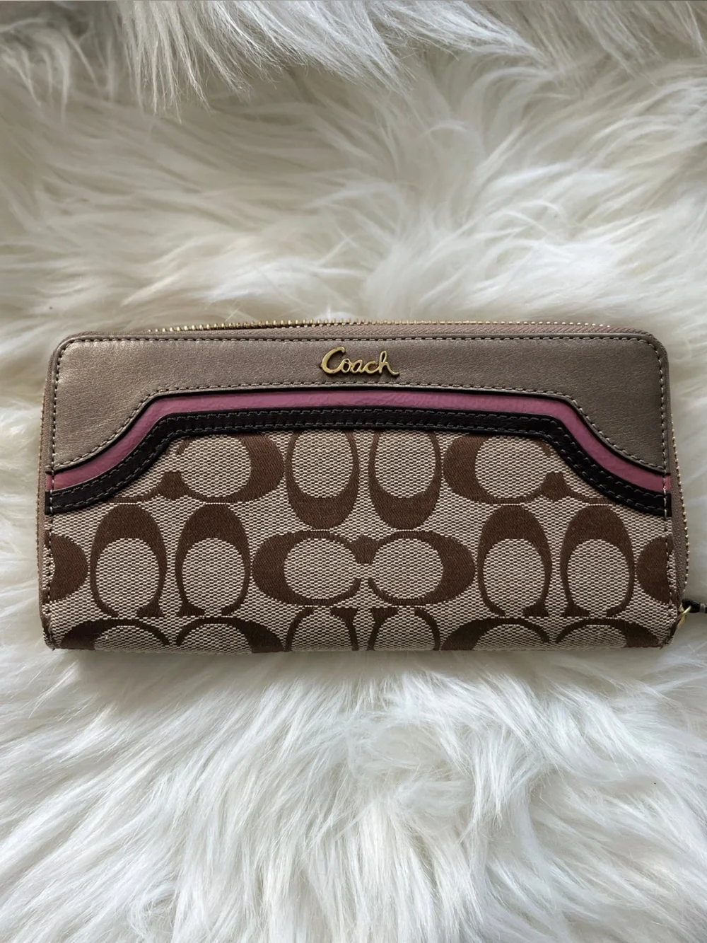 Coach Zip-Around Signature Wallet in Brown with Pink and Black Trim Like New